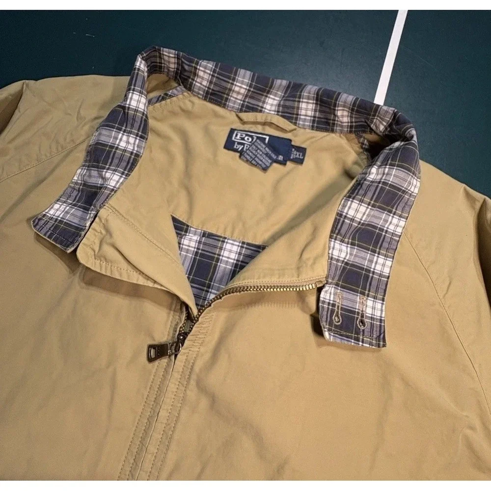 Vintage Ralph Lauren Polo Trench Coat Jacket Mens XL Beige Plaid‎ Collar 90s